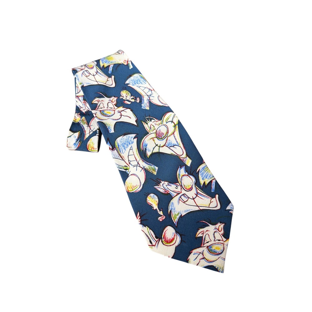 Looney Tunes sketch Sylvester & Tweety Silk Tie Navy Blue Balancine 1993 vintage